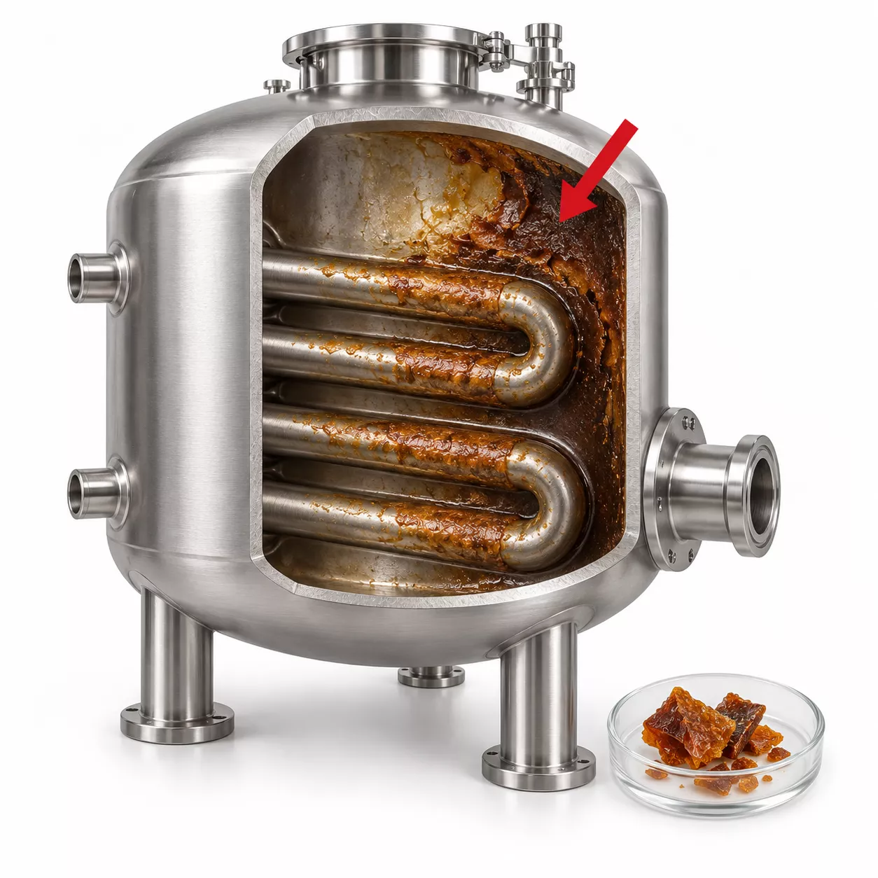 Caramelized deposits in heated process vessel