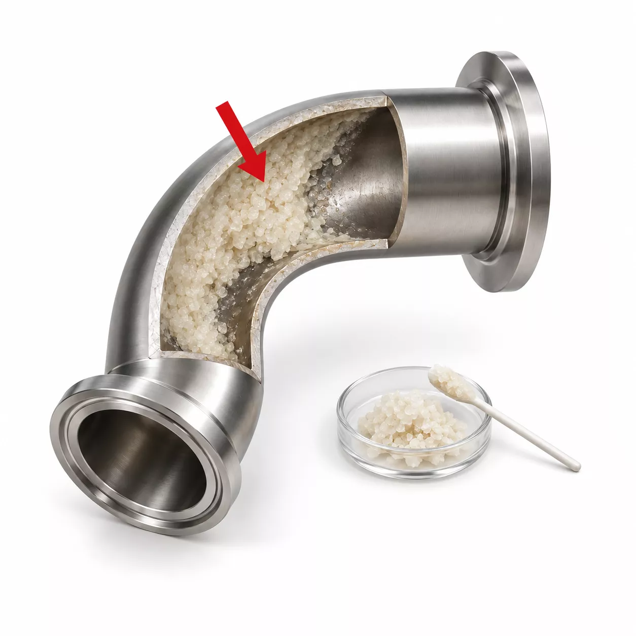 Sugar Crystal Buildup in a Sanitary Elbow